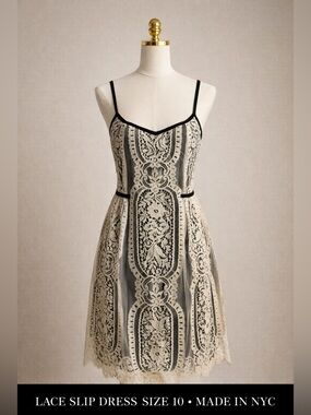 Nanette Lepore Lace Slip Dress Size 10 Black Cream Sheer Embroidered A-Line NYC